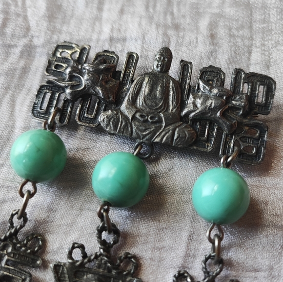 Asian Inspired Ethnic Faux Green Turquoise Metal Buddha Brooch Pewter Tone EUC - Picture 5 of 9